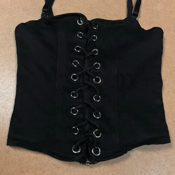 Y2K Lip Service Lace Up Front Corset Black Camisole Top XS Cami Vintage Goth - Picture 4 of 16